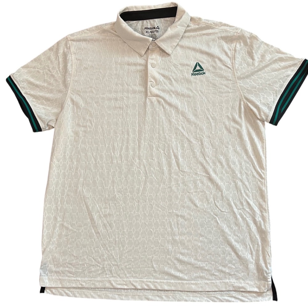 Reebok Mens XL White Textured Hexagon Polo Shirt Short Sleeve Green Stripe Cuffs